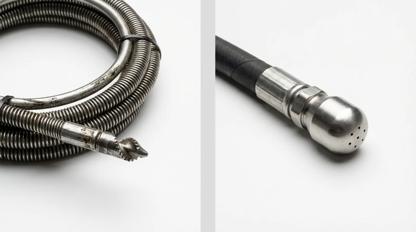 Drain snake cable and hydro jetting nozzle used for drain cleaning in Hinsdale, IL